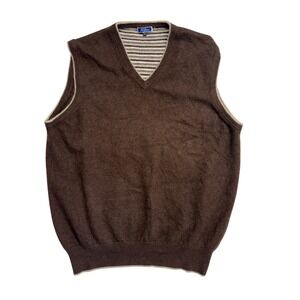 Tom James Mens 100% Cashmere V-Neck Sweater Vest Brown Striped Lining Large
